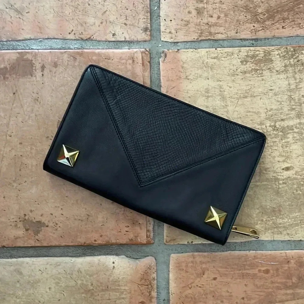 LINEA PELLE ✨ Black Leather & Gold Stud Snake Reptile Embossed Zip Clutch